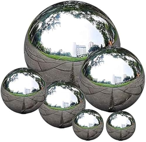Image of Uandear Stainless Steel Gazing Ball, Abonery 6 Pcs 50-150 mm Mirror Polished Hollow Ball Reflective Sphere, Floating Pond Balls Seamless Gazing Globe for Home Garden Ornament Decorations