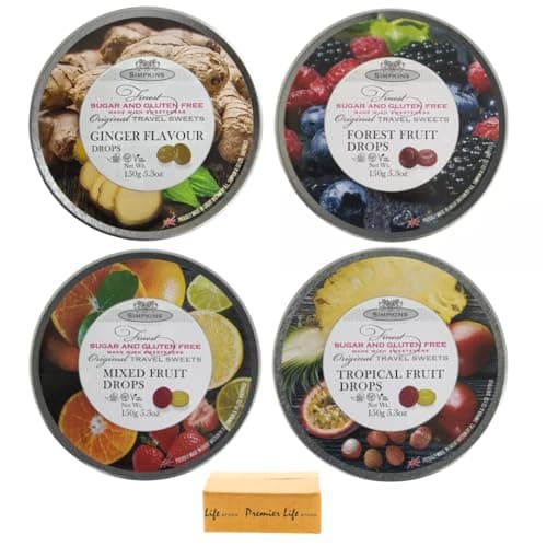 Image of Simpkins Sugar & Gluten Free Travel Sweet Drops in Metal Tin, 4 Varieties: Mixed Fruit, Forest Fruit, Ginger, Tropical Fr