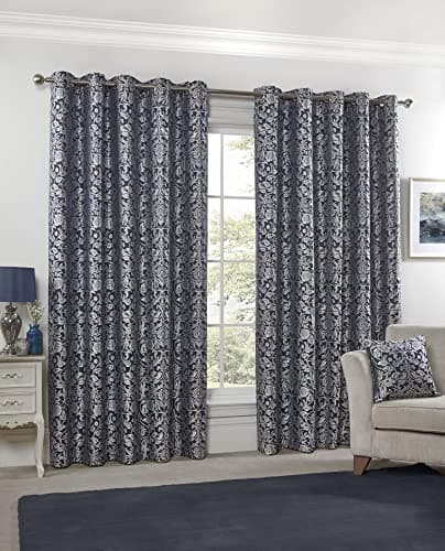 Image of Emma Barclay – Fully Lined Curtains for Bedroom Living Room Jacquard Eyelet Two Panel Damask Curtains Eden Collection (66” x 90” Inch)(Navy)