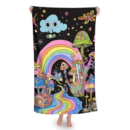 Image of SMAZDFXX Men's Soft Double Sided Velvet Beach Towel, Durable Highly Absorbent Extra Large Bath Towels, Household Wrap Bath Towel Colorful Flowers Eyes Stars Rainbow Magic Trippy Mushroom