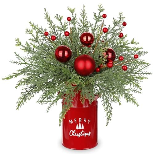 Image of Artificial Christmas Potted Plant with Red Metal Pot, 15.7 Inch Small Christmas Tree with Fake Pine, Red Berries and Baubles, Holiday Table Centerpiece for Home Xmas Decorations