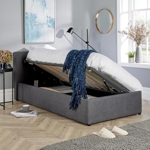Image of Home Source Single 3ft Side Gas Lift Fabric Ottoman Storage Bed, Grey