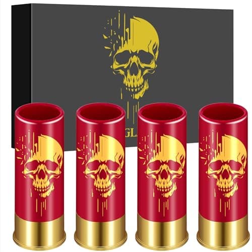 Image of Skull Plastic Shot Glasses, Set of 4 with Gift Box, Skull Gifts, Gothic Gifts, Novelty Shot Glasses for Men Women Wedding Party Gifts, 12GA Small Bullet Shot Cups for Whiskey Tequila Vodka Liquor, Red