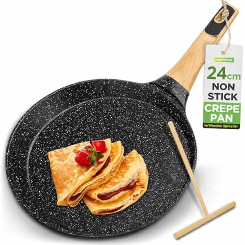 Image of Nutrichef Non-Stick Crepe Pan 24cm with Wooden Spreader, Durable Marble Coated Pancake Pans for Stove Top, Bakelite Handle, Induction Base, Dishwasher Safe, Even Heat Distribution (Black Marble)