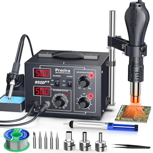 Image of Preciva 2-in-1 Hot Air Gun & Soldering Iron Kit, 852D Hot Air Rework Soldering Station, 740W PID Dual Display, 100-500℃, Brushless Fan (120L/min), with Stand/Desoldering Gun for SMD/BGA/PCB Repair