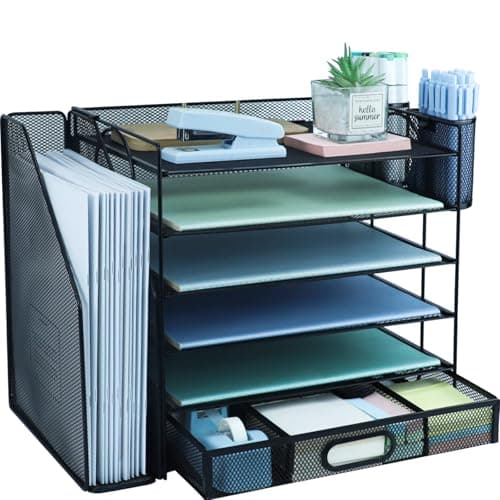 Image of HIHOBDAY 6 Tier Desk File Organiser with Extra Vertical File Sorter, A4 Paper Letter Tray with Stationery Drawer, Magazine Document Holder for Home Office, Black
