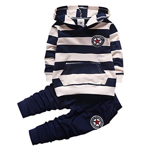 Image of Shiningup Baby Tracksuit Boys Clothing Set Outfit Long Sleeve Hooded Striped T-shirt and Pants for 0-4 Years Little Kids