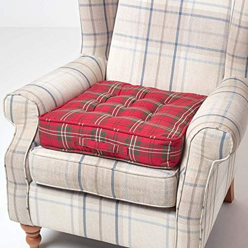 Image of HOMESCAPES Red and Green Tartan Armchair Booster Cushion Large Firm 50 cm Square Seat Pad with Supportive 10 cm Thick Lift Soft Cotton Cushion For The Elderly, Post-Operative and Pregnancy