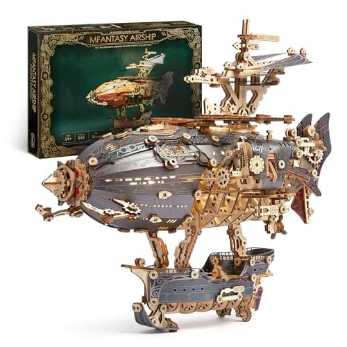 Image of FUNPOLA LED 3D Wood Puzzle Fantasy Airship Model - Steampunk DIY Craft Kit with LED Lights – Intricate Wooden Airship Model Building Set for Teens and Adults(Gray)