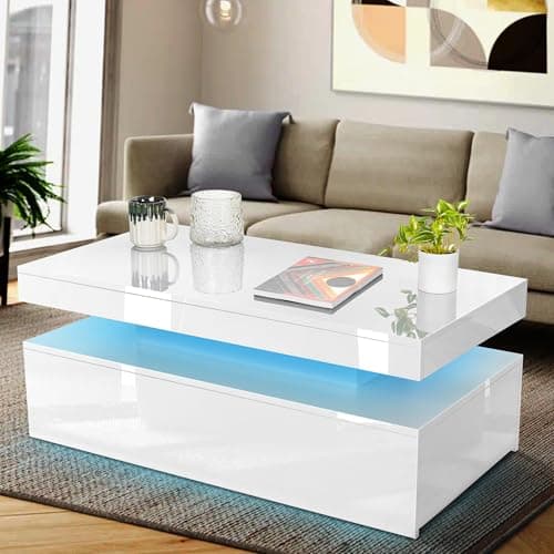 Image of Blisswood Led Coffee Table With 2 Drawer Storage, High Gloss Coffee Table For Living Room Wooden Centre Table With RGB Led Lights Rectangle Tea Table For Living Room Furniture (White)
