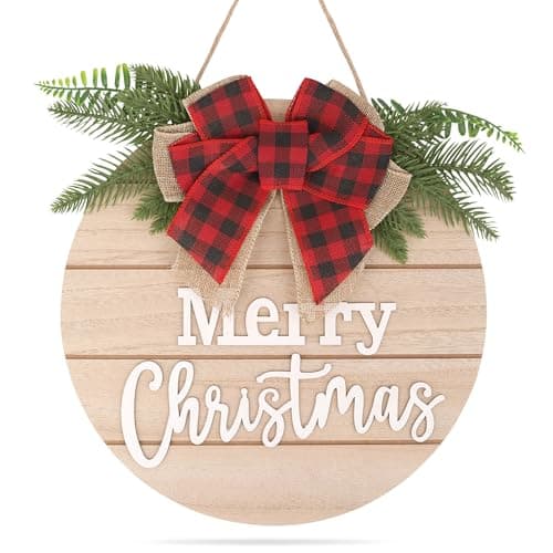 Image of WedDecor Christmas Wall Hanging Sign – Crème Wood Colour MDF Round Plaque with Merry Christmas Laser Cut Lettering, & Check Bow –Xmas Decoration for Doors & Walls