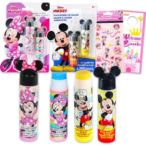 Image of Disney Mickey and Minnie Mouse Lip Balm Tubes - Bundle with 4 Mickey and Minnie Lip Balms in Assorted Flavors for Party Favors Plus Stickers, More | Disney Lip Balm for Girls, Kids