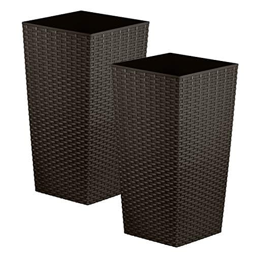 Image of CrazyGadget Tall Square Plastic Rattan Indoor/Outdoor Planters, Set of 2, Brown, 27 Litre