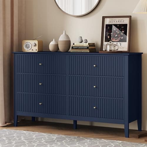Image of SUNVIVI Fluted 6-Drawer Chest of Drawers, Wide Wooden Storage Cabinet and Organiser for Bedroom, Living Room, Hallway or Entryway (Blue, 6 Drawers Dresser)