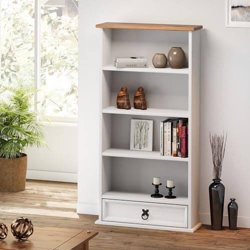 Image of Corona solid Wood Pine White Painted 1 Drawer DVD Storage Rack Bookcase Wooden Slim Small Narrow Shelves Unit Lounge Living Room Hallway Bedroom Shabby Chic Mexican 103cm High 52cm Wide 18cm Deep