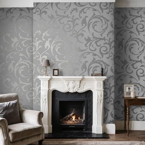 Image of Swehooirt Silver Grey Wallpaper for Living Room Feature Damask Bedroom Wallpaper for Adults Retro Leaf Slight Glitter Kitchen Wallpapers for Hallway Dining Room