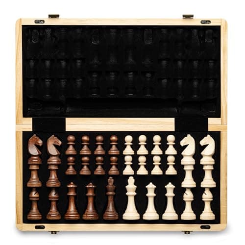 Image of A&A 15" Magnetic Wooden Chess Set/Folding Board / 3" King Height German Knight Staunton Chess Pieces/Walnut & Maple Inlaid /2 Extra Queen