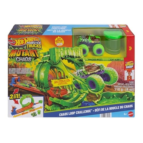 Image of Hot Wheels Monster Trucks Toy Playset, Mutant Chaos, Loop Challenge Track Set with 1:64 Scale Wreckin’ Wolf, 4-Ounce Container of Slime, 2 Ways to Play, JMK91