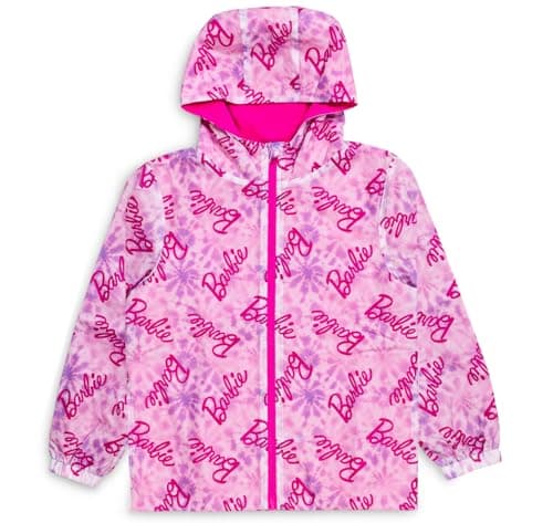 Image of Barbie Girls Raincoat – Waterproof Fleece Lined Hooded Jacket with Zip & Pockets – Pink All Over Logo Print – Kids Sizes 3-4 to 9-10 Years – Rain Jacket for Girls - (8-9 Years)