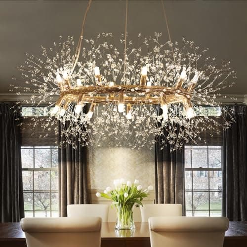 Image of OYIPRO Modern Crystal Chandeliers Firework, Semi Flush Mount Ceiling Light Fixture, 20-Light Gold Dandelion Chandelier, Round Pendant Light for Bedroom Living Room Foyer Kitchen Hallway, G9 Sockets