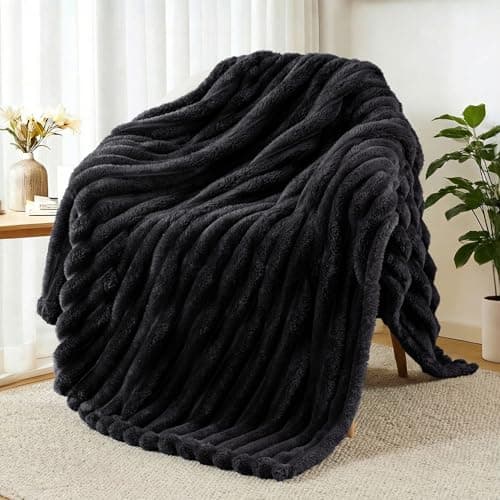 Image of Exclusivo Mezcla Fleece Throw Blanket for Sofa, Super Soft Striped Jacquard Bed Blanket, Lightweight Fuzzy Cozy for All Seasons, 127x152 CM, Black