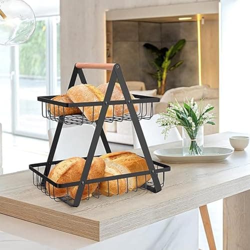 Image of Pro Kitchen Quality 2 Tier Fruit Bowl Basket Detachable Kitchen Countertop Organizer for Bread, Fruits, Vegetables, Snacks, Metal Vegetable Storage Rack, Black with wooden handle. Easy