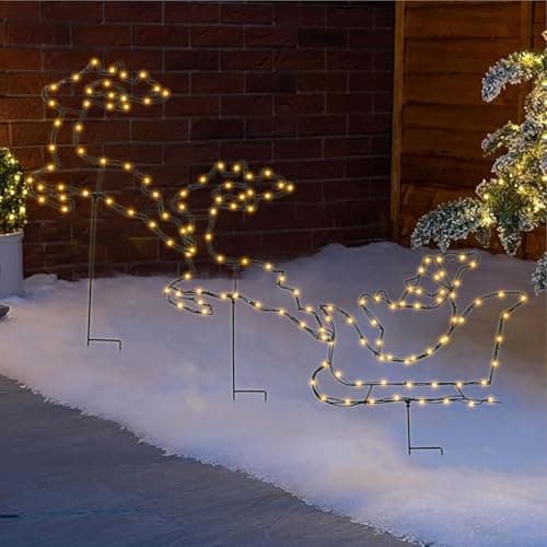 Image of Taylor & Brown Set of 3 Christmas Pathway Lights Reindeer & Sleigh Lights, 150 LED Pathway Stake Decorations, 8 Lighting Modes, Battery Powered with Timer, Indoor Outdoor