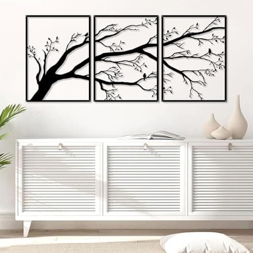 Image of Pduoduo Set of 3 Large Tree Of Life Wall Decorative,Metal Wall Decor,Tree Sign,Birds On Branch Metal Sculpture for Home Garden Office Indoor Outdoor (15,7inx35,4in)