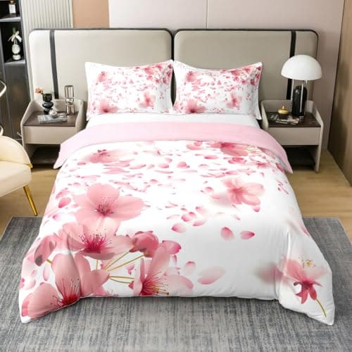 Image of Homewish Cherry Blossom 100% Cotton Duvet Cover Double Size Petal Floral Bedding Set For Girls Women Aesthetic Pink Flowers Quilt Cover Soft Comfy Bedclothes