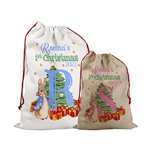 Image of Print Manics Personalised Peter Rabbit 1st Christmas Baby Girl Boy First Christmas Xmas Bag Stocking Santa Sack Santa Christmas Rabbit
