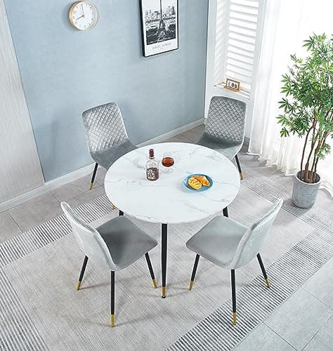 Image of Hallowood Furniture Finley Small Round Dining Table and Chairs Set 4, White Marble Effect Top Kitchen Table and Chairs with Grey Velvet Upholstery and Metal Legs, Modern Set for Home, Office & Café