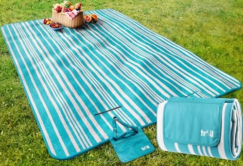 Image of Trail Extra Large Picnic Blanket, Soft Fleece Rug, Waterproof Backing, Foam Insulation, Fleecy Top, Parasol Slit, Peg Points, Cover with Strap, Portable Camping Garden Beach Mat (Turquoise / 3m x 2m)