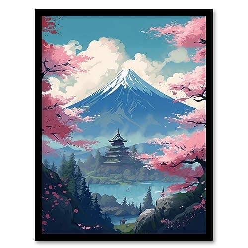 Image of Artery8 Japanese Temple on Mount Fuji Lake Painting Green Blue Pink Cherry Blossom Trees Blooming in Tranquil Forest Landscape Artwork Framed Wall Art Print A4