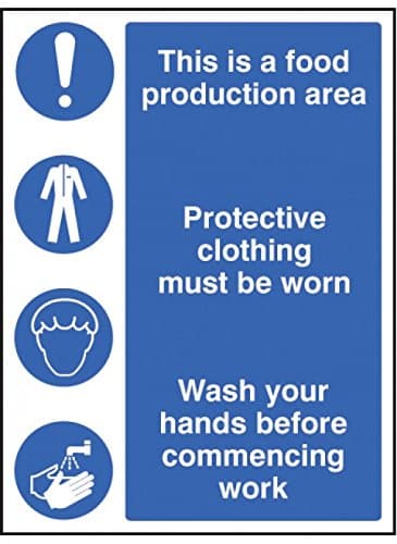 Image of Caledonia Signs 25604K Food Production Area/Protective Clothing/Wash Hands Sign, Self Adhesive Vinyl, 400 mm x 300 mm