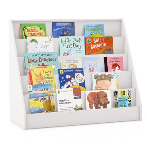 Image of COSTWAY Wooden Kids Bookshelf, 5 Tier Children Bookcase with Deep Compartments, Back Storage Space, Front-Facing Books Display Rack for Playroom, Daycare, Kid’ Room (White)