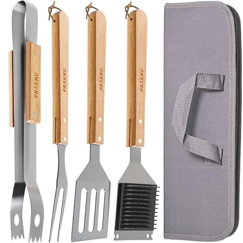 Image of Praknu Wooden BBQ Accessories Tool Set with Case – 4-Piece Stainless Steel Grill Utensils – Includes Tongs, Spatula, Fork & Brush – Ideal for Camping, Garden Grilling & Gifts for Men