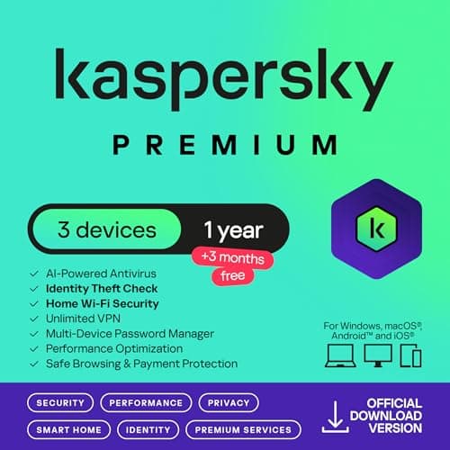 Image of Kaspersky Premium 2026 | 3 Device | 1 Year +3 Months Free | AI Powered AV | Safe Browsing | Anti-Phishing | Unlimited VPN | Password Manager | Smart Home Monitor | Premium IT Support | PC/Mac/Mobile