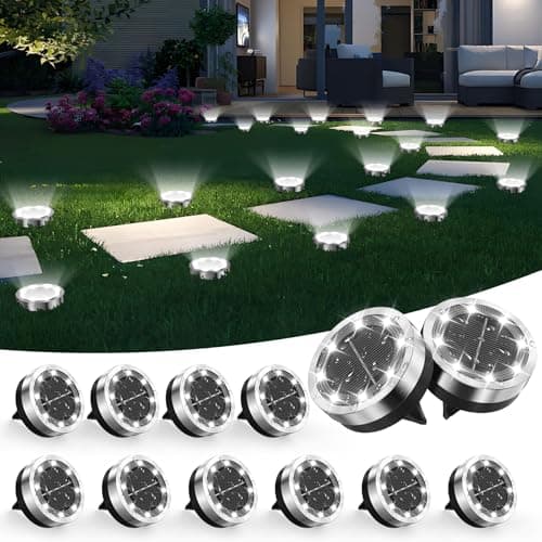 Image of Dankeled Solar Lights Outdoor Garden, 12 Pack 8 LED Solar Ground Lights White, IP65 Waterproof Ground Disk Lighting, Garden Solar Floor Light for Pathway Lawn Yard Patio Landscape Walkway