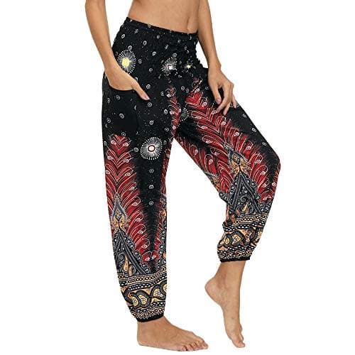 Image of Nuofengkudu Women's Hippie Baggy Harem Trousers Smocked High Waist Soft Bohemian Print Colourful Yoga Pants with Pockets Lightweight Flowy Travel Holiday Beachwear (Brown Peacock,One Size)