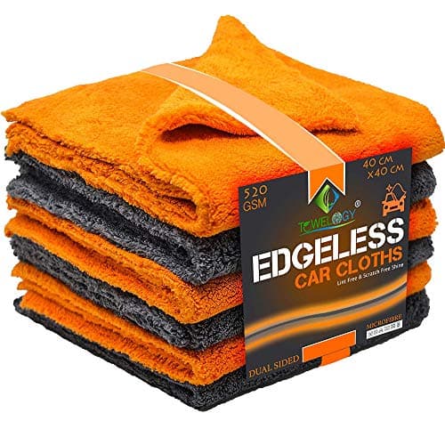 Image of Towelogy® 520gsm Professional Microfibre Edgeless Car Cloths QUICK DRY for Auto/Moto Detailing Polishing Washing STREAK FREE & LINT FREE 40x40cm (Grey/Orange, Pack Of 4)