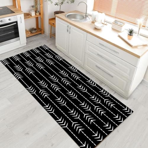 Image of PDENZG Black and White Runner Rug, 50x150cm,Geometric Black and White Kitchen Carpet,Washable Striped Hallway Runner Rugs,for Living Room Bedroom Entrance Laundry Room Non-Slip Floor Mat