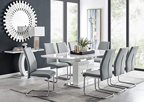 Image of Furniturebox UK Arezzo White High Gloss Extending Dining Table & 8 Grey Faux Leather Lorenzo Chairs – Modern 8 Seater Dining Set – Large Family Dining Room Furniture