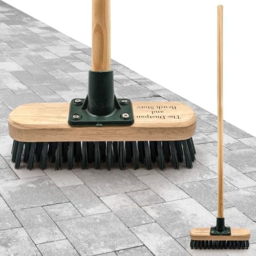 Image of 9" Stiff Heavy Duty Long Handled Scrubbing Brush Deck Broom with Wooden Handle PVC Bristles