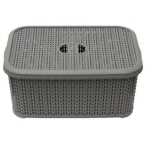 Image of JVL Knit Design Loop Plastic Lidded Rectangular Storage Basket with Handles - 6 Litres, Grey