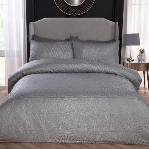 Image of Sleepdown Super Soft Geometric Luxury Lurex Jacquard Silver Deco Easy Care Cosy Duvet Cover Quilt Bedding Set with Pillowcases - Double (200cm x 200cm) silver double 5056242801313