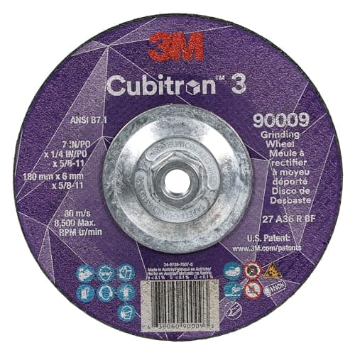 Image of 3M Cubitron 3 Depressed Center Grinding Wheel, 90009, 36+, T27, 7 in x 1/4 in x 5/8 in-11 (180x6mmx5/8-11in), ANSI