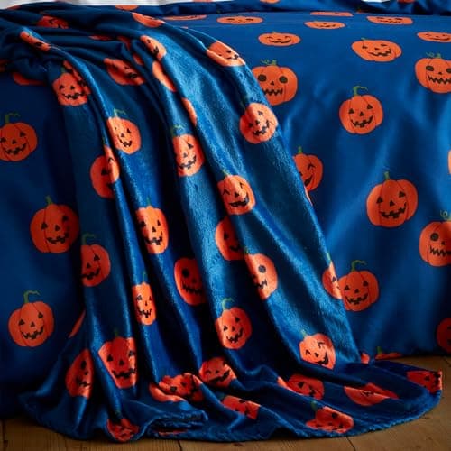 Image of Catherine Lansfield Halloween Pumpkins Cosy Fleece 130x170cm Blanket Throw Navy Blue