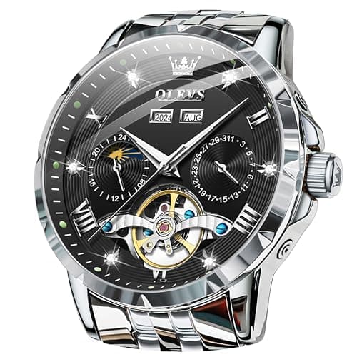 Image of OLEVS Mens Automatic Watches Self Winding Mechanical Luxury Dress Stainless Steel Waterproof Wrist Watches for Men, 6691:Silver Strap&Black dial