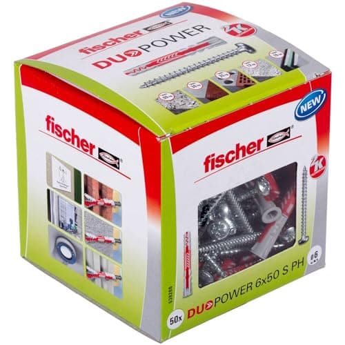 Image of fischer DuoPower 6 x 50 S PH, powerful universal plug with panhead screw, intelligent 2-component technology for fastenings in concrete, bricks, stone, gypsum plasterboard, etc., 50 plugs & 50 screws