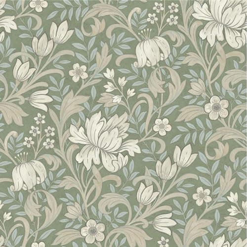 Image of SOPHIE LAURENCE Sage Green Floral Wallpaper Light Blue Leafs Beige Flowers Smooth Matte Thick Wallpaper for Feature Wall Living Room Bedroom